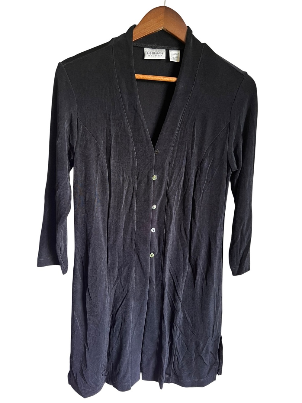 CHICOS Travelers Top Cardigan Sz 0 S Slinky Black Button V Neck Long 3/4 Sleeves